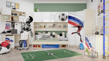 Детская комната Футбол ЧМ (Белый/Синий/корпус Клен) в Сосновоборске - sosnovoborsk.mebel54.com | фото