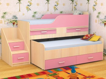Кровать детская Лесики двухместная 1.8  Дуб молочный/Розовый в Сосновоборске - sosnovoborsk.mebel54.com | фото